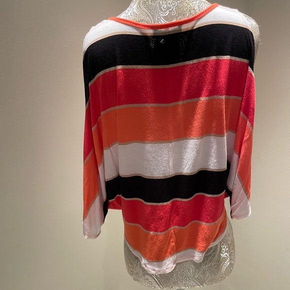 BEBE WOMENS STRIPED COLD SHOULDER TOP SIZE SMALL CORAL BLACK WHITE TEE - Picture 3 of 11